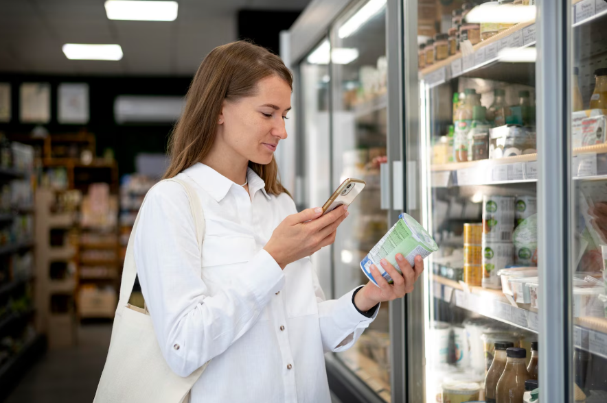 Woman learning how to read nutrition labels in a grocery store